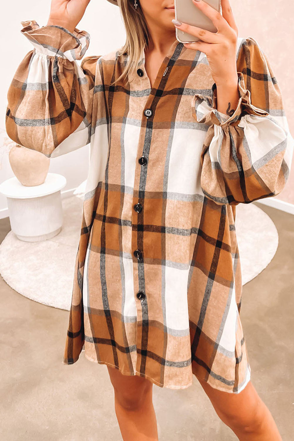 Khaki Plaid Pattern Collared Neck Ruffled Sleeve Shirt Dress - Little Miss Vanilla