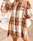 Khaki Plaid Pattern Collared Neck Ruffled Sleeve Shirt Dress - Little Miss Vanilla