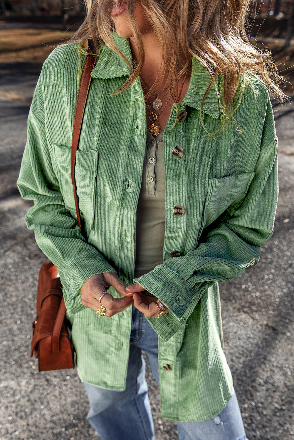 Mist Green Patched Pocket Button Up Corduroy Shacket - Little Miss Vanilla