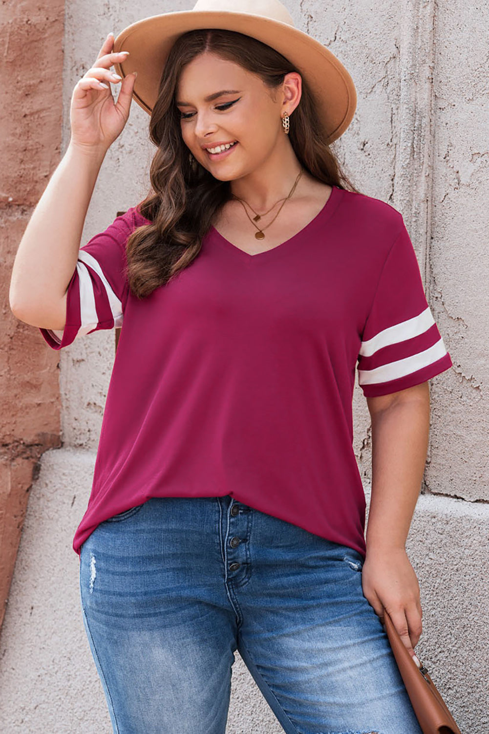 Plus Size Striped V-Neck Tee Shirt - Little Miss Vanilla