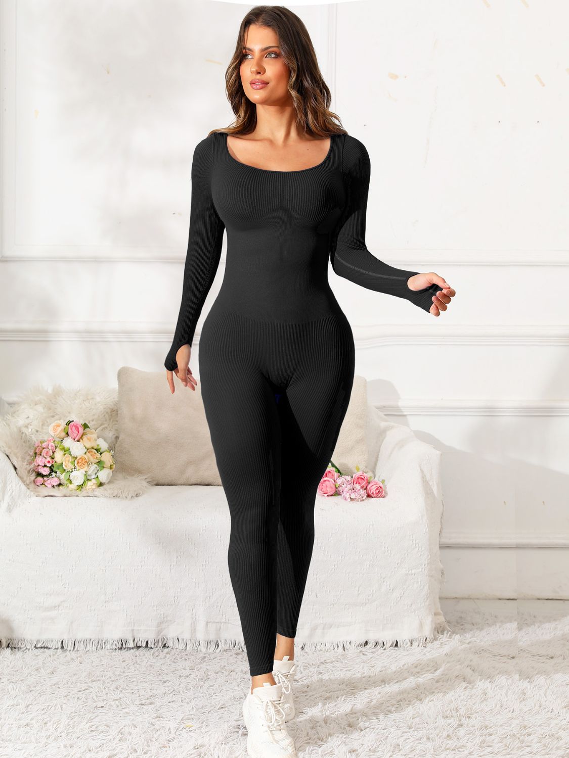 Scoop Neck Long Sleeve Active Jumpsuit - Little Miss Vanilla