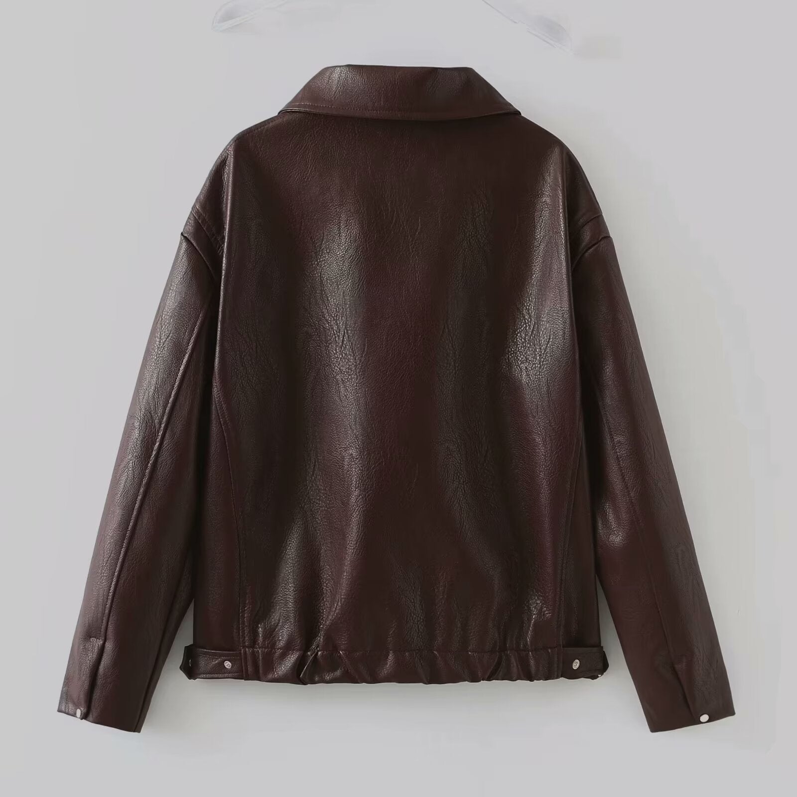 Solid Color Lapel Zipper Jacket Fashion Casual Long Sleeve Leather Coat Tops Women Clothing - Little Miss Vanilla