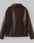 Solid Color Lapel Zipper Jacket Fashion Casual Long Sleeve Leather Coat Tops Women Clothing - Little Miss Vanilla