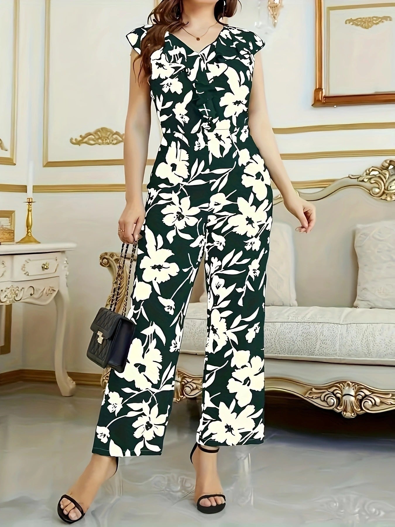 Fashion Floral Women's Printed Wear Sleeveless V-neck Pocket Jumpsuit - Little Miss Vanilla