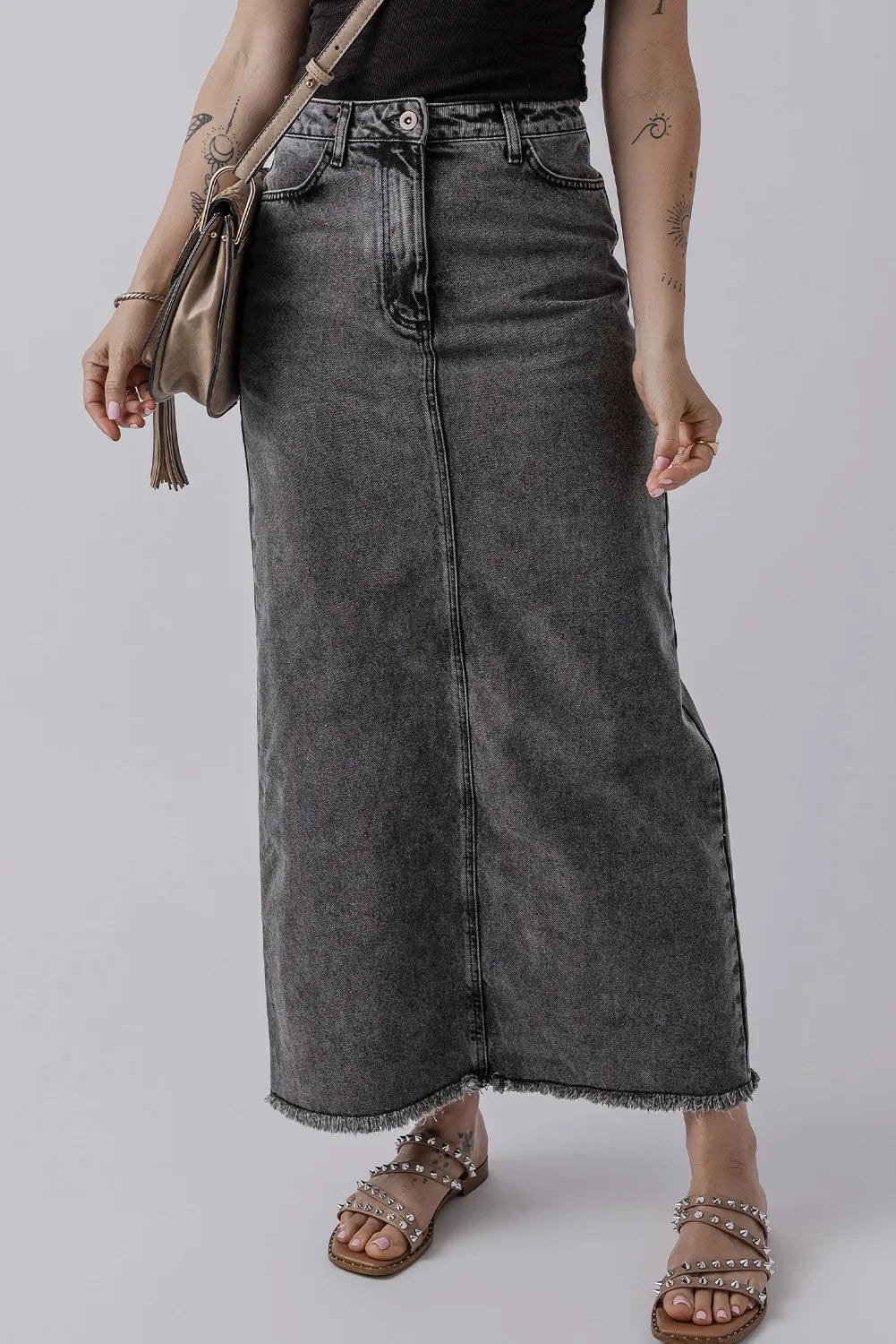 Raw Hem Midi Denim Skirt with Pockets - Little Miss Vanilla