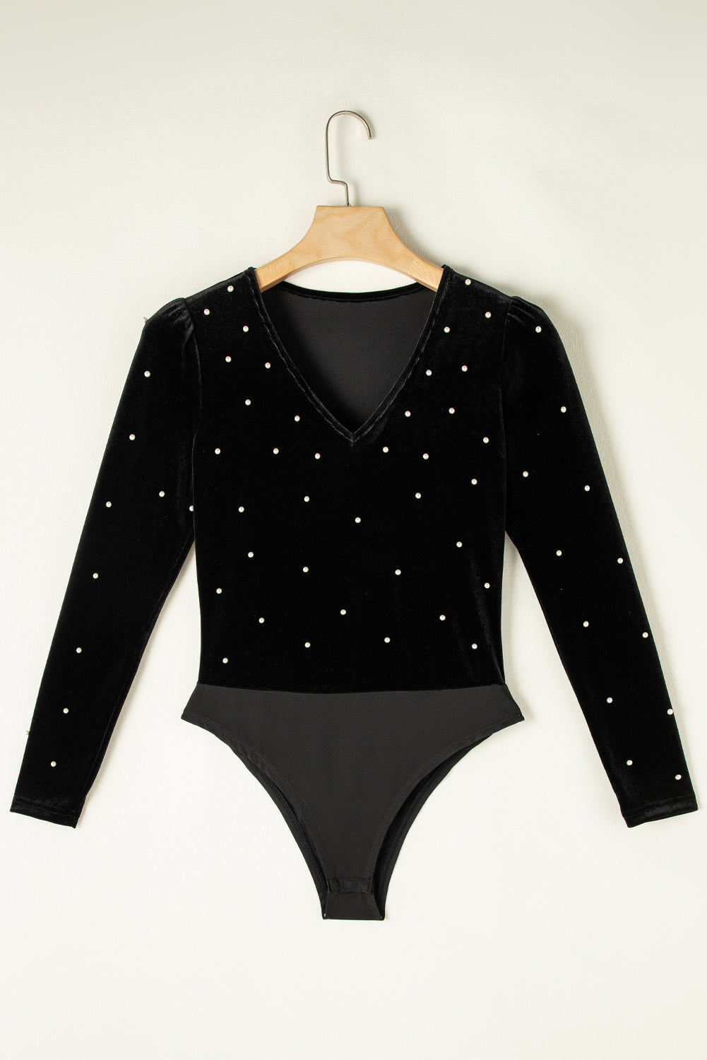 Pearl Detail Velvet V-Neck Long Sleeve Bodysuit - Little Miss Vanilla