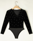 Pearl Detail Velvet V-Neck Long Sleeve Bodysuit - Little Miss Vanilla