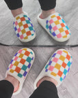 White Vibrant Checkered Plush Thermal Slippers