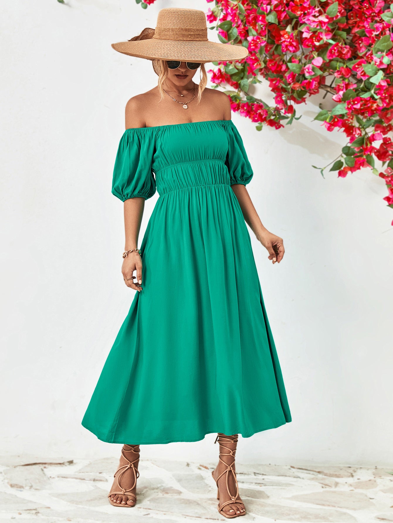 Off-Shoulder Balloon Sleeve Midi Dress - Little Miss Vanilla