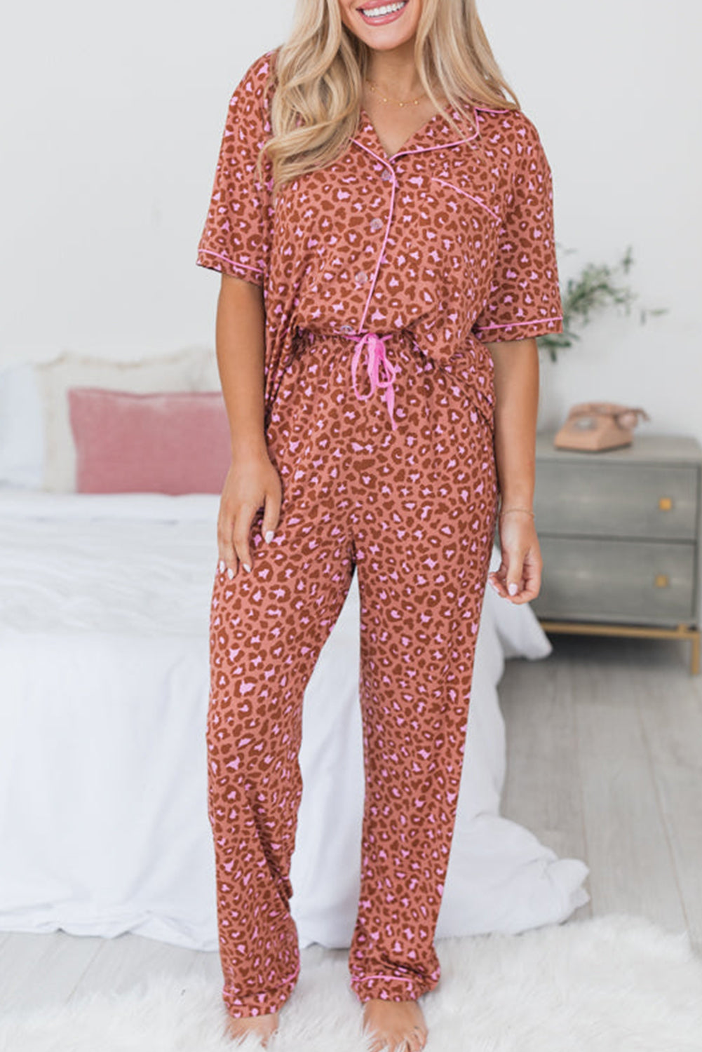 Brown Leopard Print Short Sleeve Shirt and Pants Pajamas Set - Little Miss Vanilla