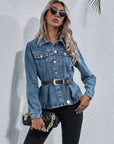 Peplum Collared Neck Long Sleeve Denim Top - Little Miss Vanilla