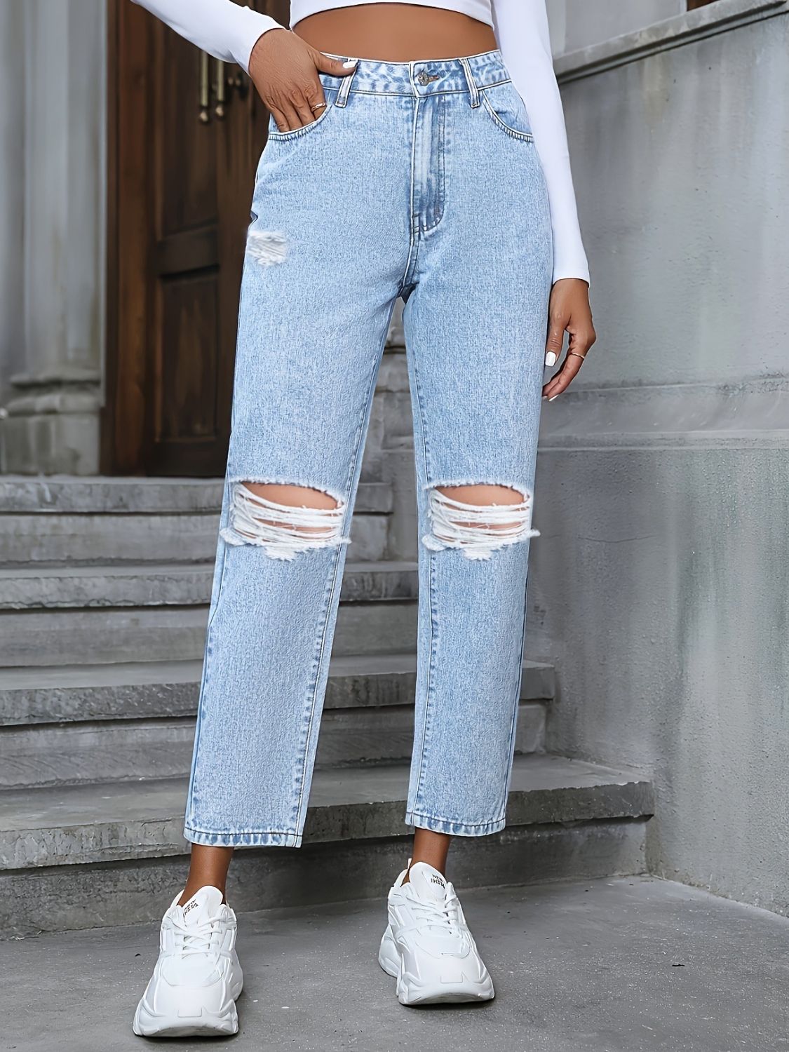 Distressed High Rise Jeans with Pockets - Little Miss Vanilla