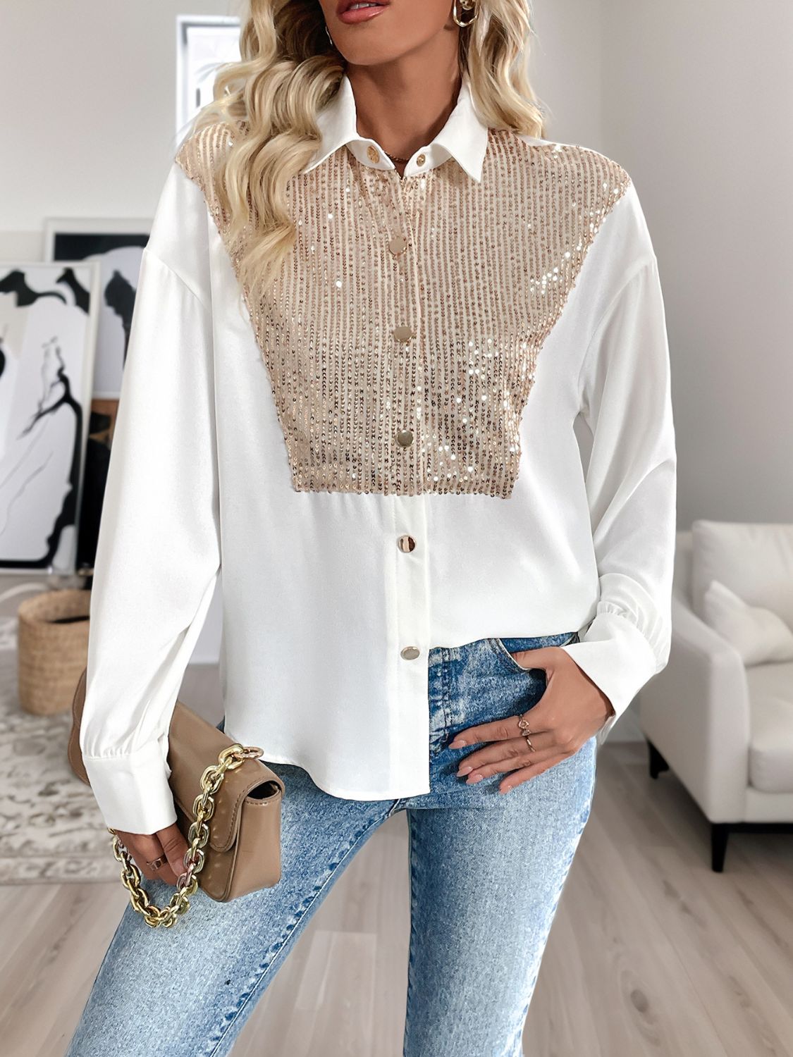 Perfee Sequin Contrast Collared Neck Long Sleeve Shirt - Little Miss Vanilla