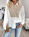 Perfee Sequin Contrast Collared Neck Long Sleeve Shirt - Little Miss Vanilla