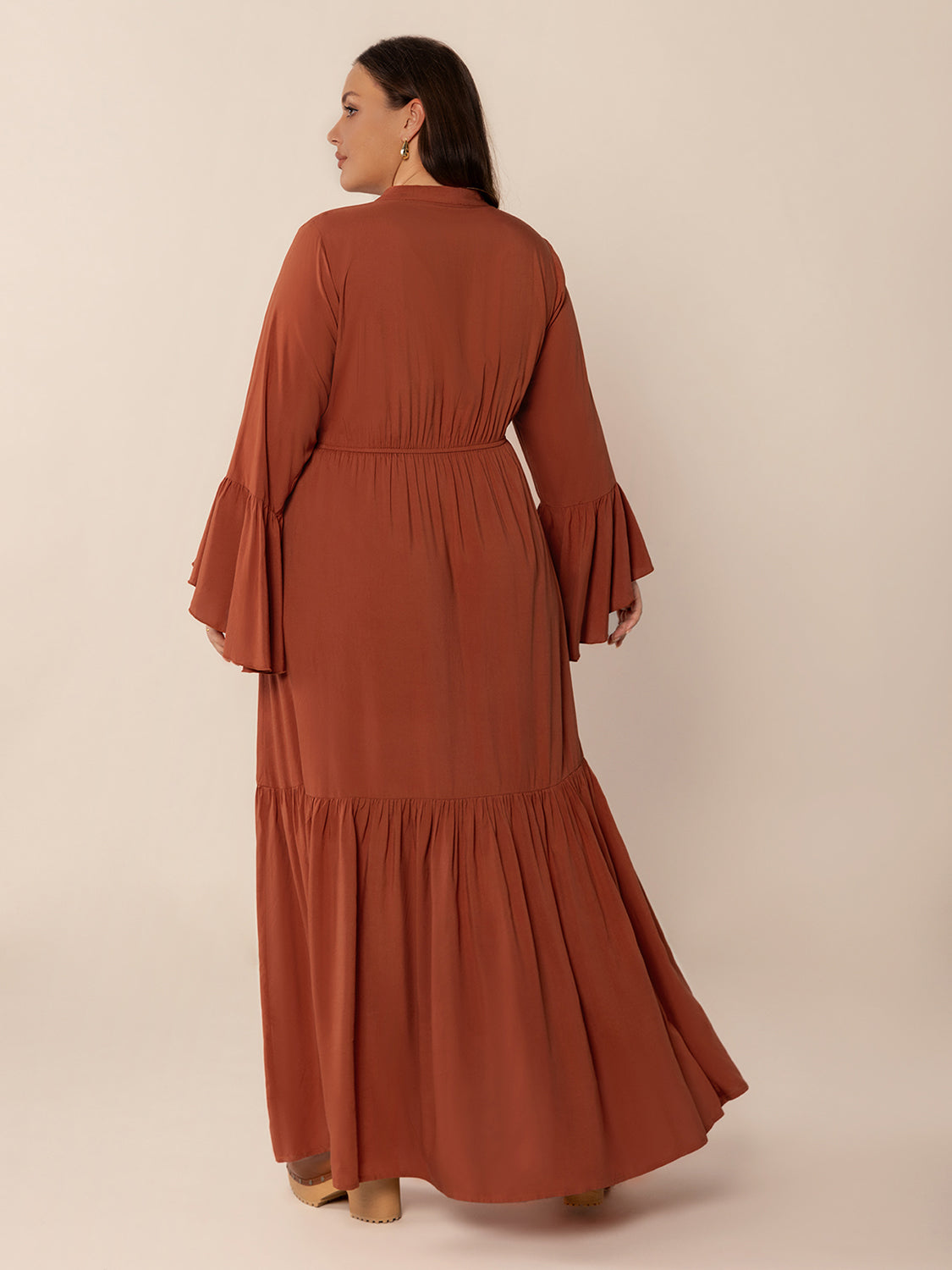 Plus Size Ruffled Notched Long Sleeve Midi Dress - Little Miss Vanilla