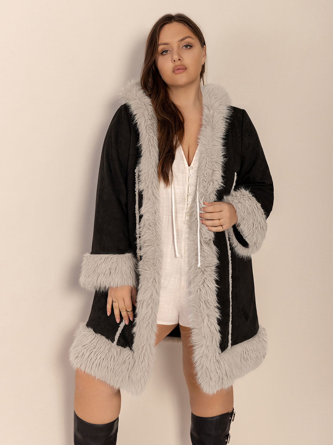 Plus Size Fuzzy Trim Open Front Long Sleeve Hooded Coat - Little Miss Vanilla