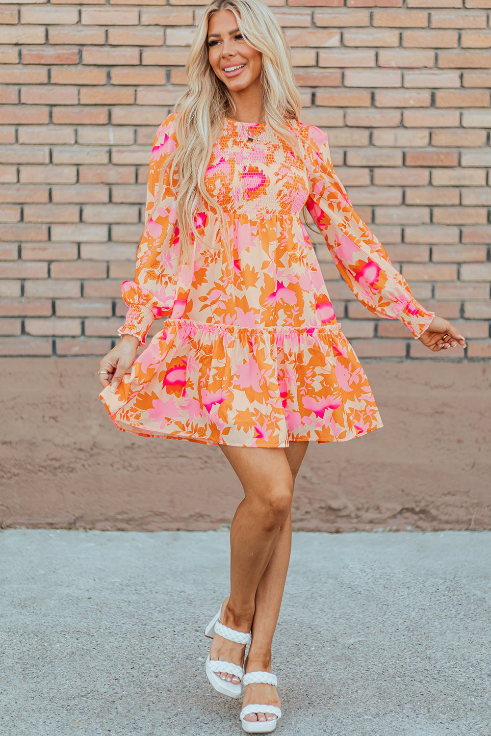 Orange Abstract Print Smocked Lantern Sleeve Ruffle Mini Dress - Little Miss Vanilla