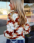 Fiery Red Western Aztec Buttoned Zipper Pockets Fleece Jacket