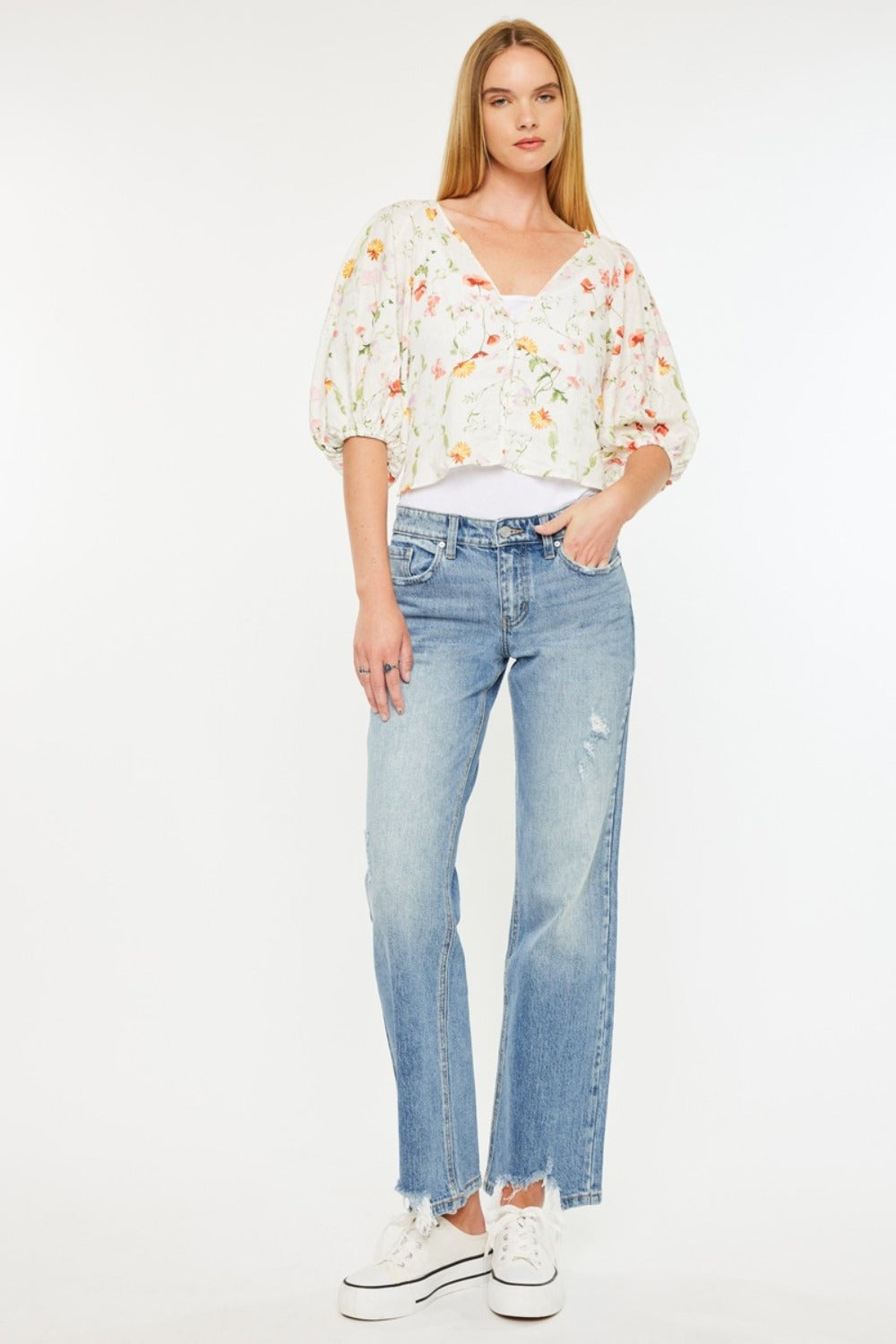 Kancan Mid Rise Frayed Hem Straight Jeans - Little Miss Vanilla