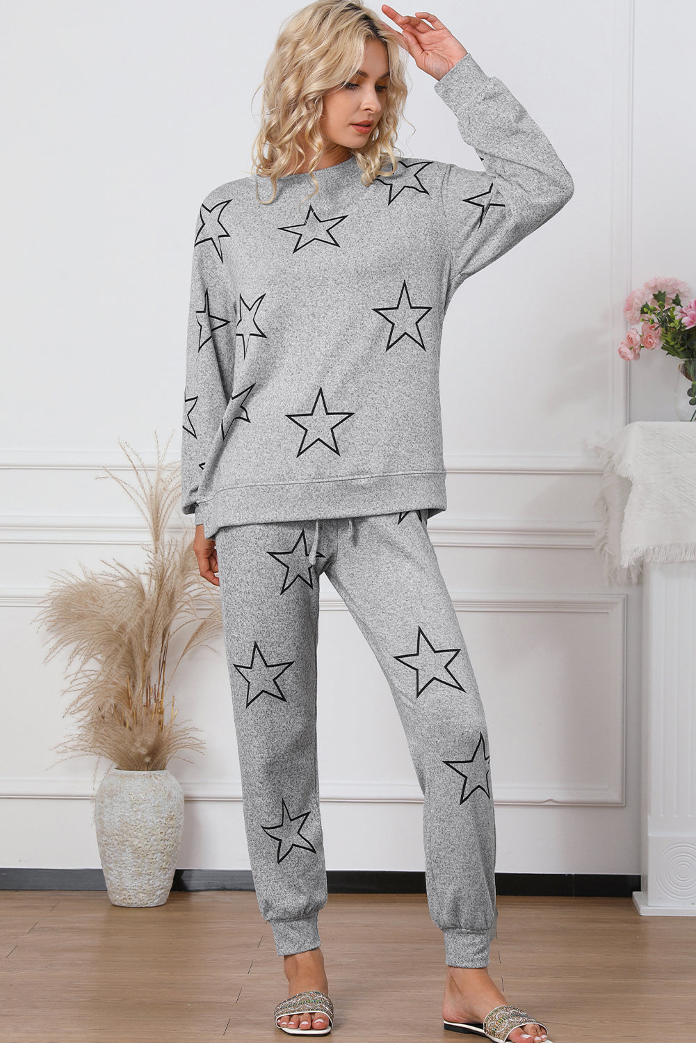 Gray Stars Print Long Sleeve Drawstring High Waist Lounge Set - Little Miss Vanilla