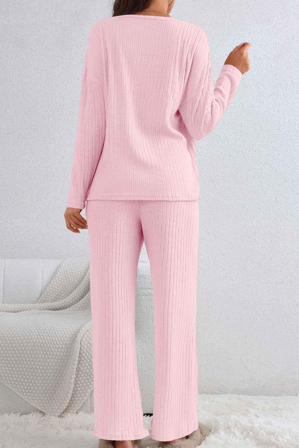 Light Pink Ribbed Knit V Neck Slouchy Two-piece Outfit - Little Miss Vanilla