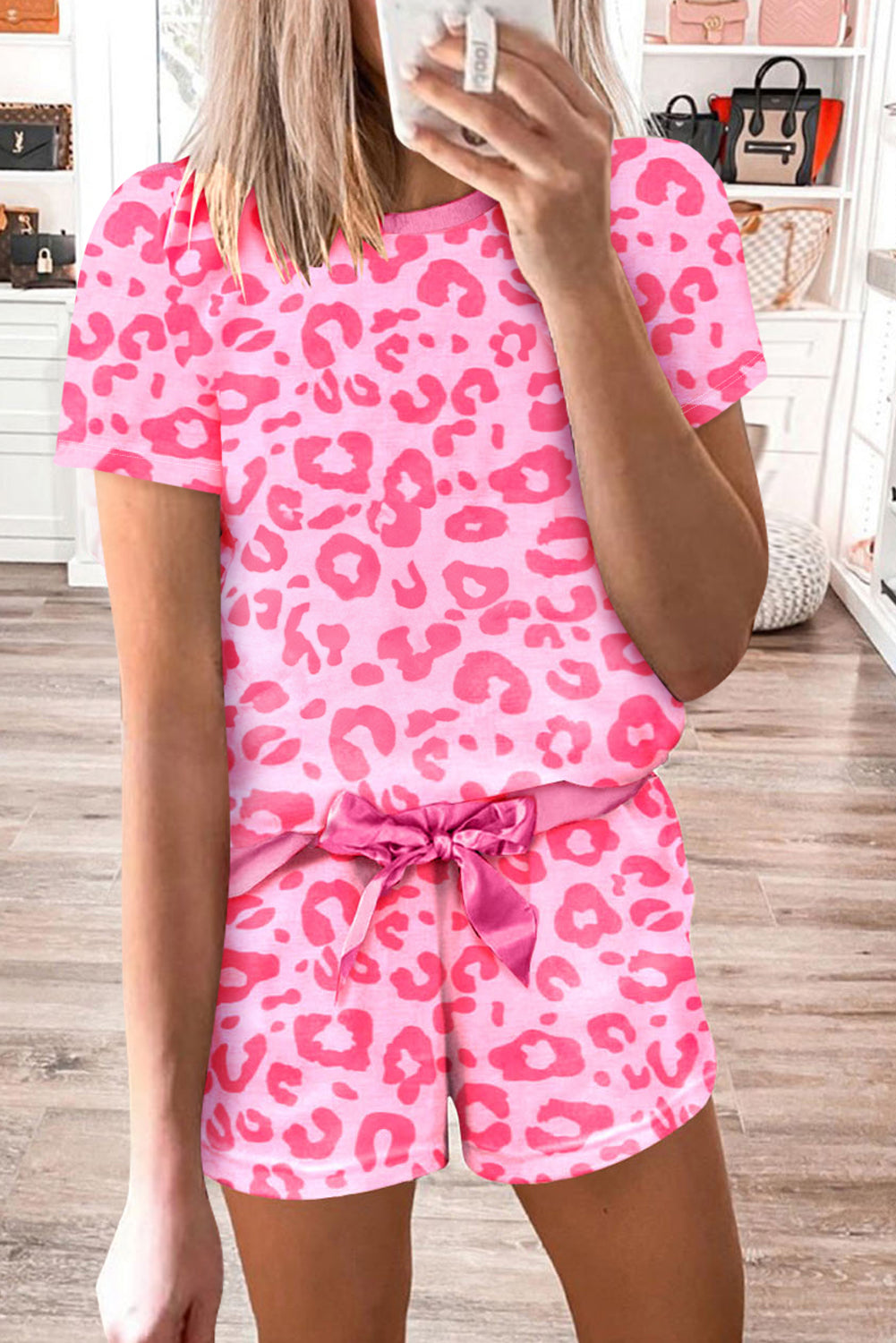 Pink Leopard Print Tee and Satin Tie Shorts Lounge Set - Little Miss Vanilla