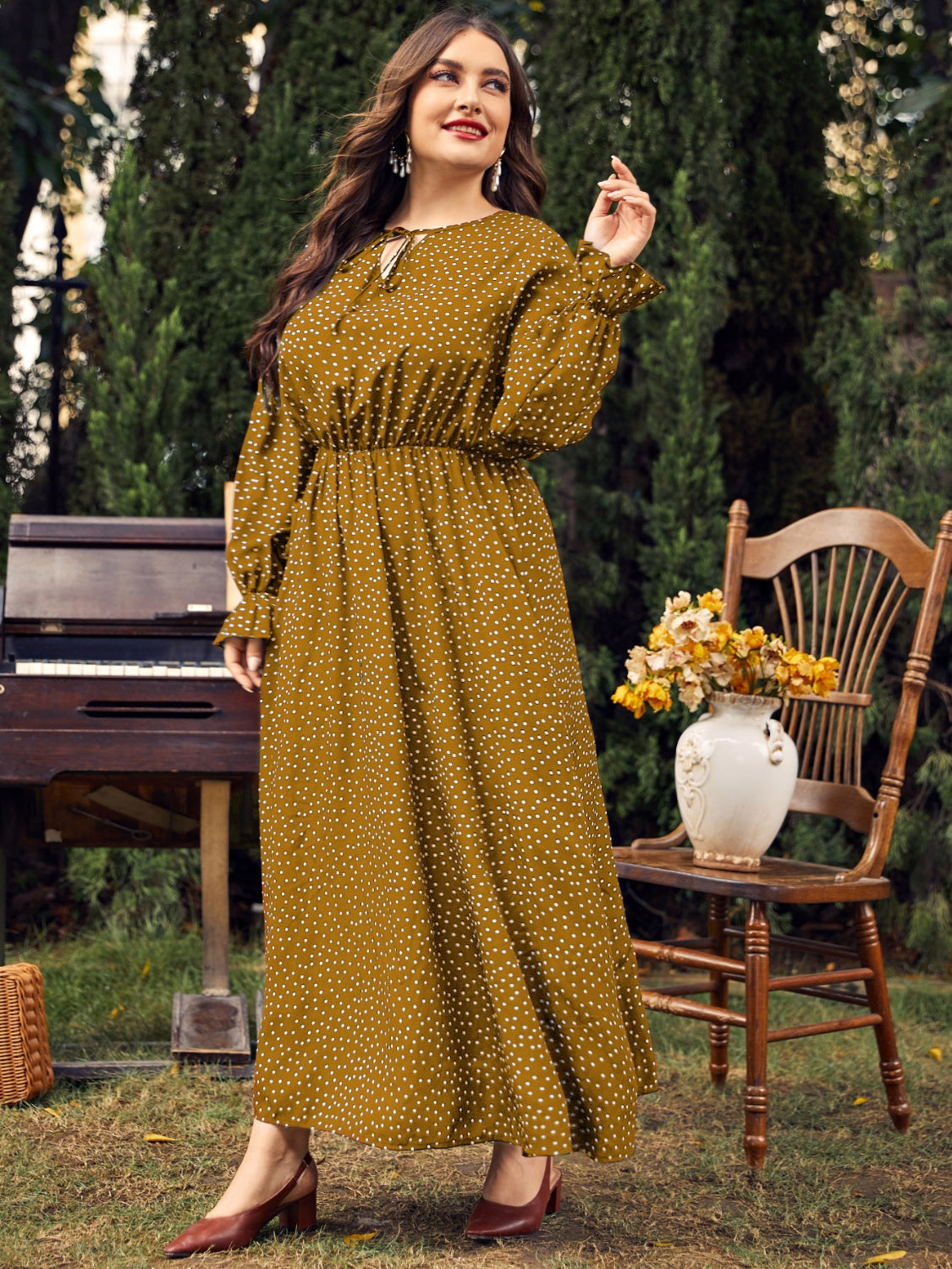 Honey Plus Size Ruffled Polka Dot Long Sleeve Midi Dress - Little Miss Vanilla