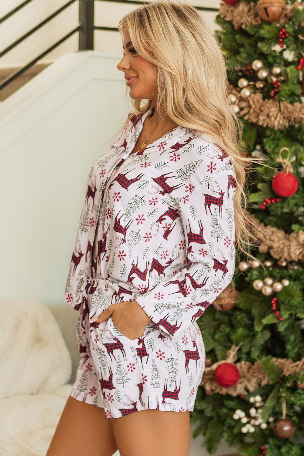 White Christmas Deer Printed Shirt and Shorts Lounge Set - Little Miss Vanilla