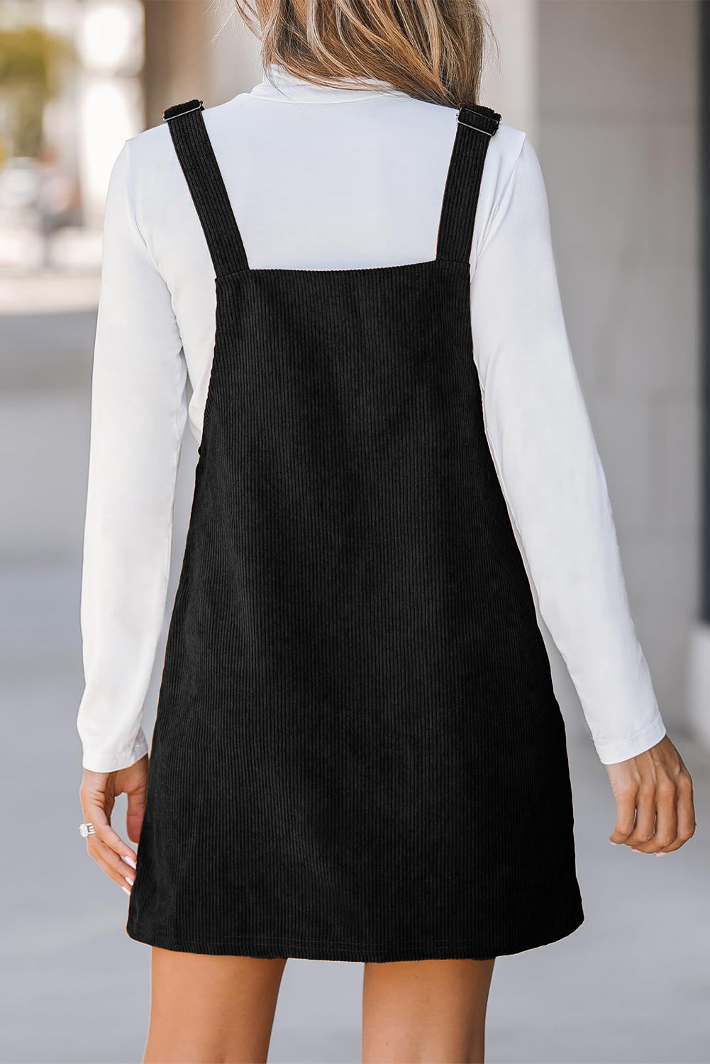 Black Solid Front Pockets Sleeveless Corduroy Overall Dress - Little Miss Vanilla