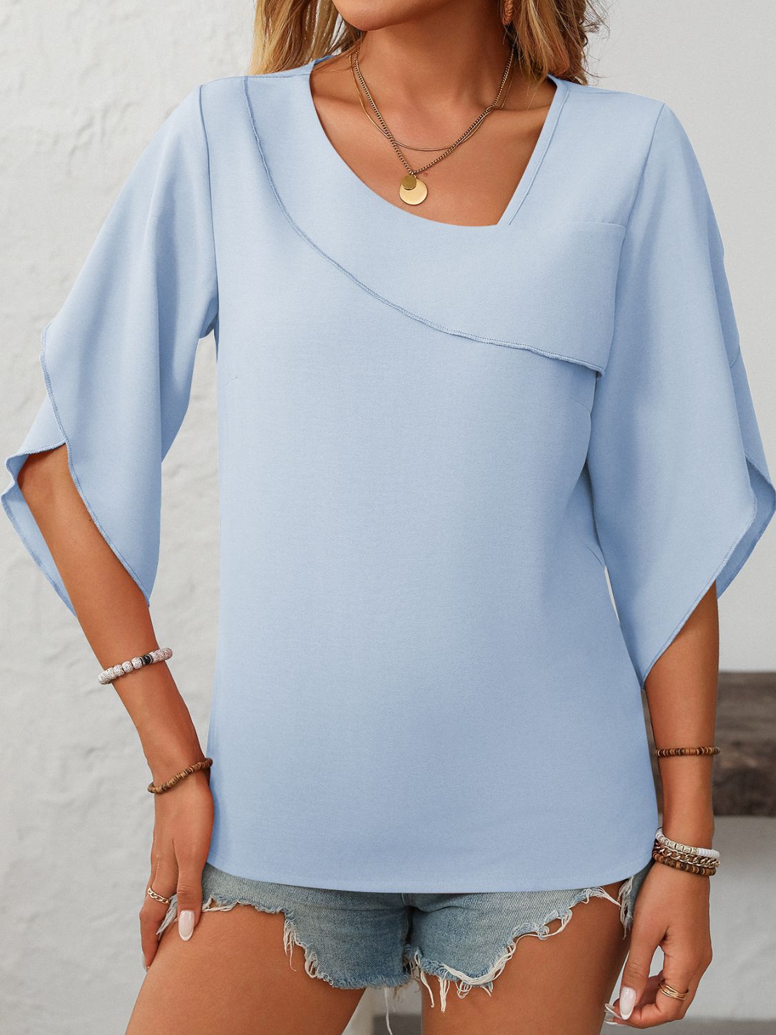 Mandy Ruffled Asymmetrical Neck Half Sleeve Blouse - Little Miss Vanilla