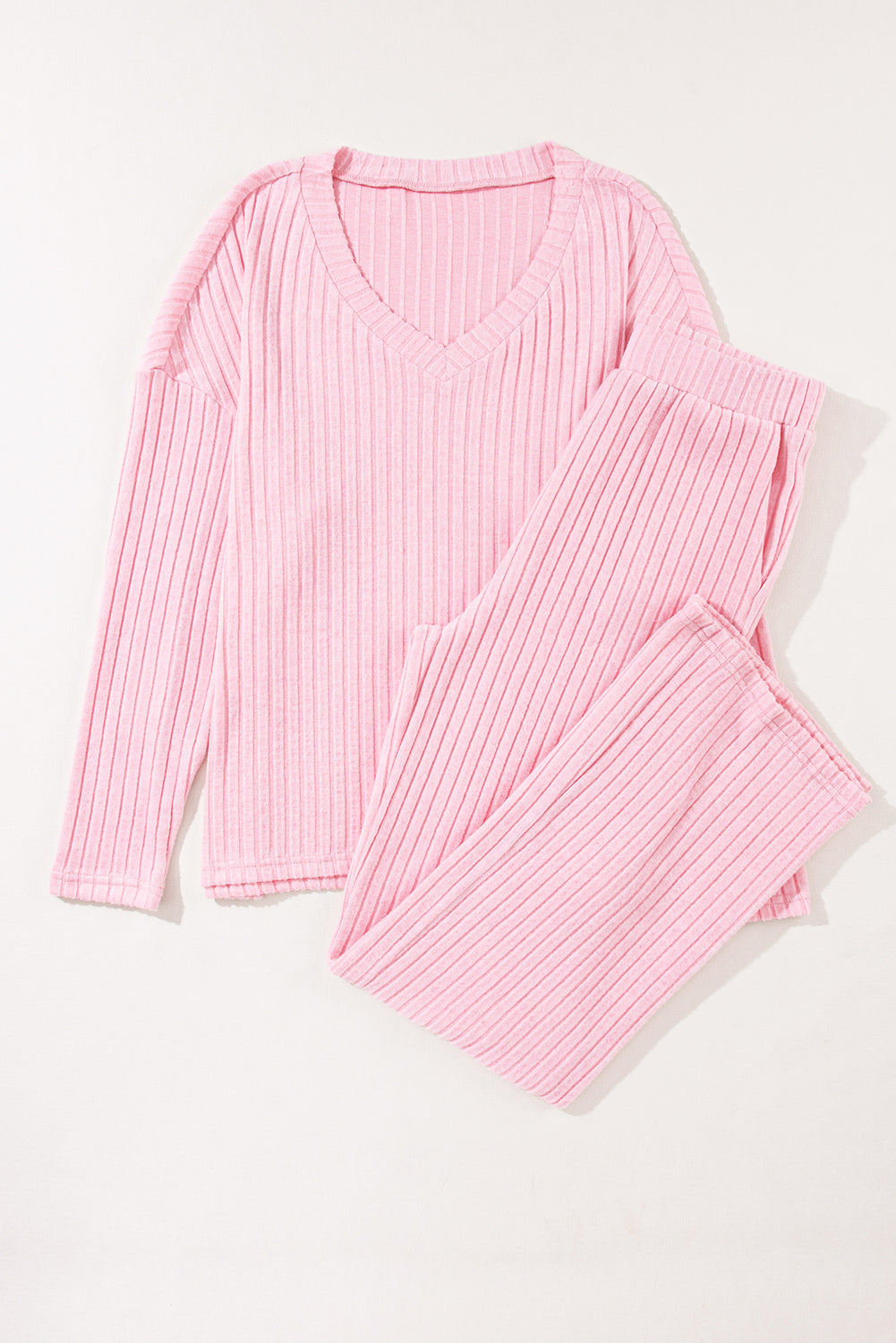 Light Pink Ribbed Knit V Neck Slouchy Two-piece Outfit - Little Miss Vanilla