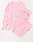 Light Pink Ribbed Knit V Neck Slouchy Two-piece Outfit - Little Miss Vanilla