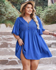 Plus Size Openwork Button Up V-Neck Short Sleeve Dress - Little Miss Vanilla