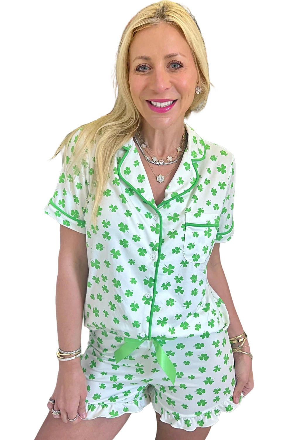 Green Clover Printed Short Sleeve and Ruffled Shorts Pajama Set - Little Miss Vanilla