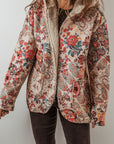 Beige Vintage Paisley Floral Printed Sherpa Lined Hooded Jacket