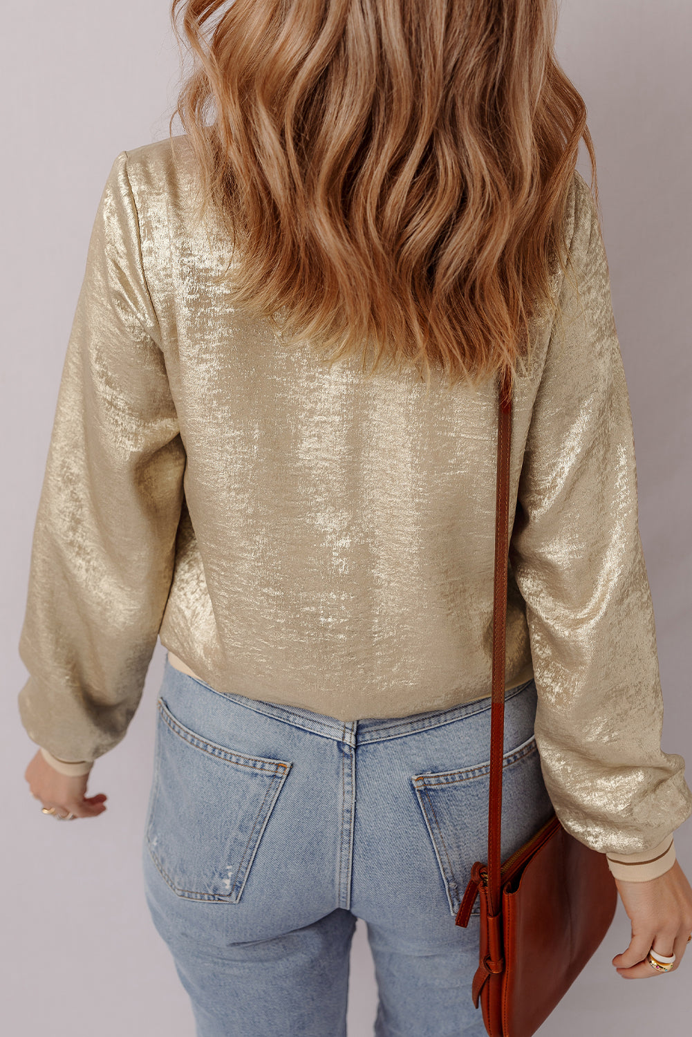 Pale Khaki Metallic Zip up Baseball Jacket - Little Miss Vanilla