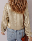 Pale Khaki Metallic Zip up Baseball Jacket - Little Miss Vanilla