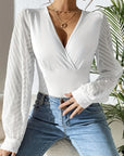 Women's Chiffon Stitching Solid Color Knitted Deep V Long Sleeve Top