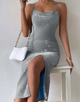 Women's Solid Color Bright Diamond Side Slit Suspender Dress