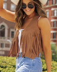 Camel Fringed Snap Button Front Suedette Vest - Little Miss Vanilla