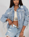 Sequin Fringe Trim Distressed Button Up Denim Jacket - Little Miss Vanilla