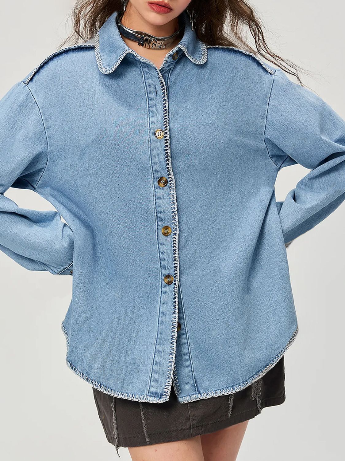 Button Up Collared Neck Denim Top - Little Miss Vanilla