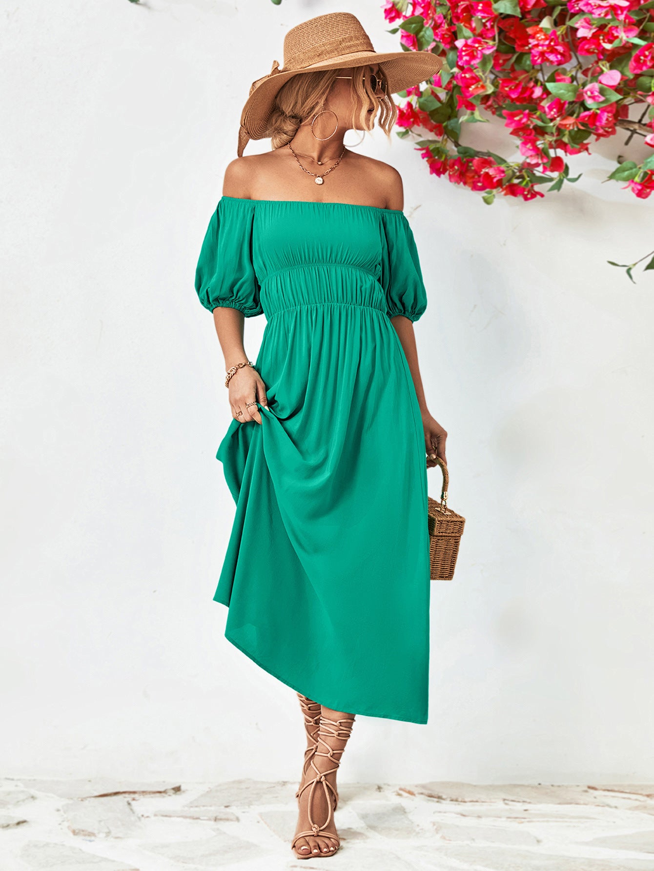 Off-Shoulder Balloon Sleeve Midi Dress - Little Miss Vanilla