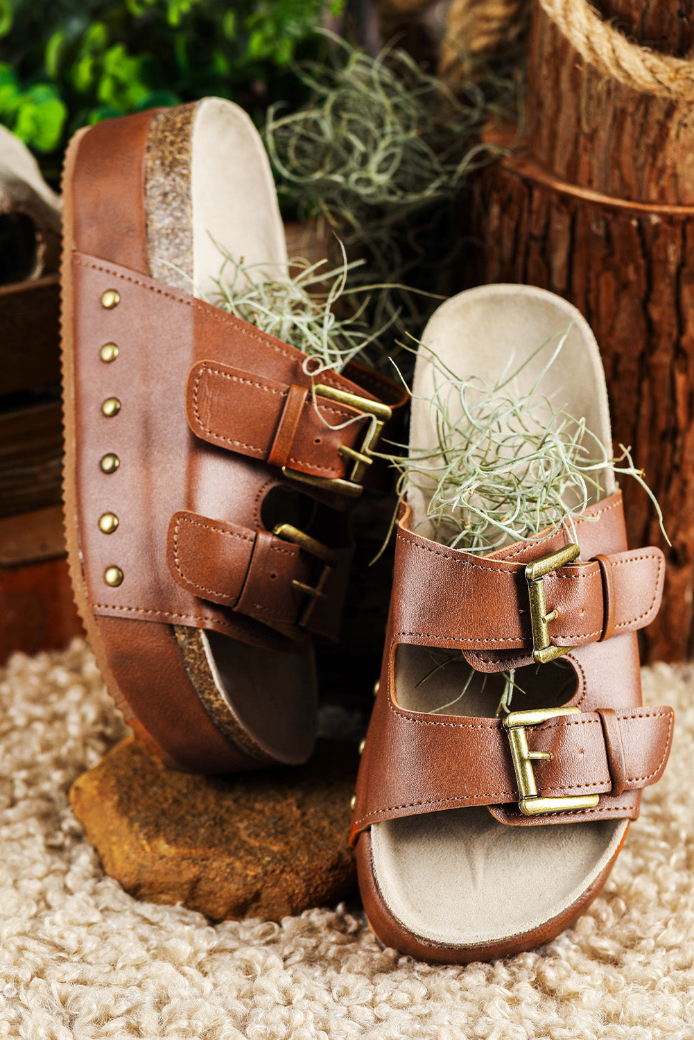 Chestnut Dual Buckle Studded Platform Sandal Slippers - Little Miss Vanilla