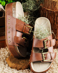 Chestnut Dual Buckle Studded Platform Sandal Slippers - Little Miss Vanilla