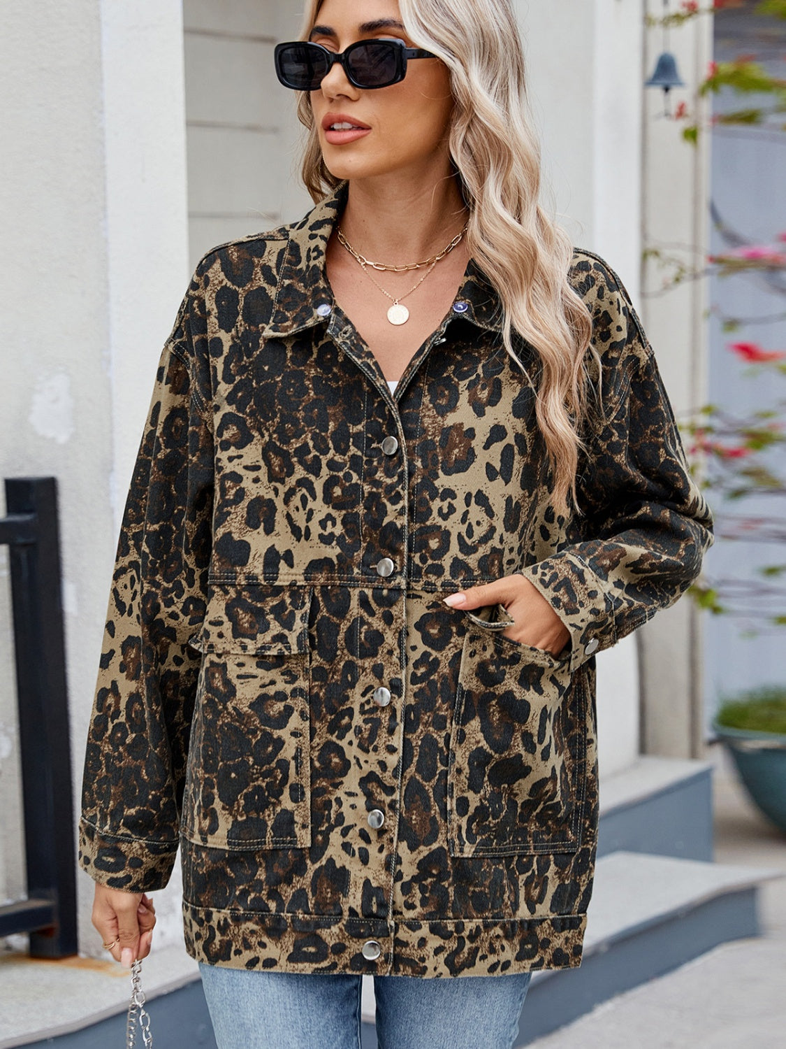 Leopard Button Up Drop Shoulder Denim Jacket - Little Miss Vanilla