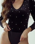 Pearl Detail Velvet V-Neck Long Sleeve Bodysuit - Little Miss Vanilla