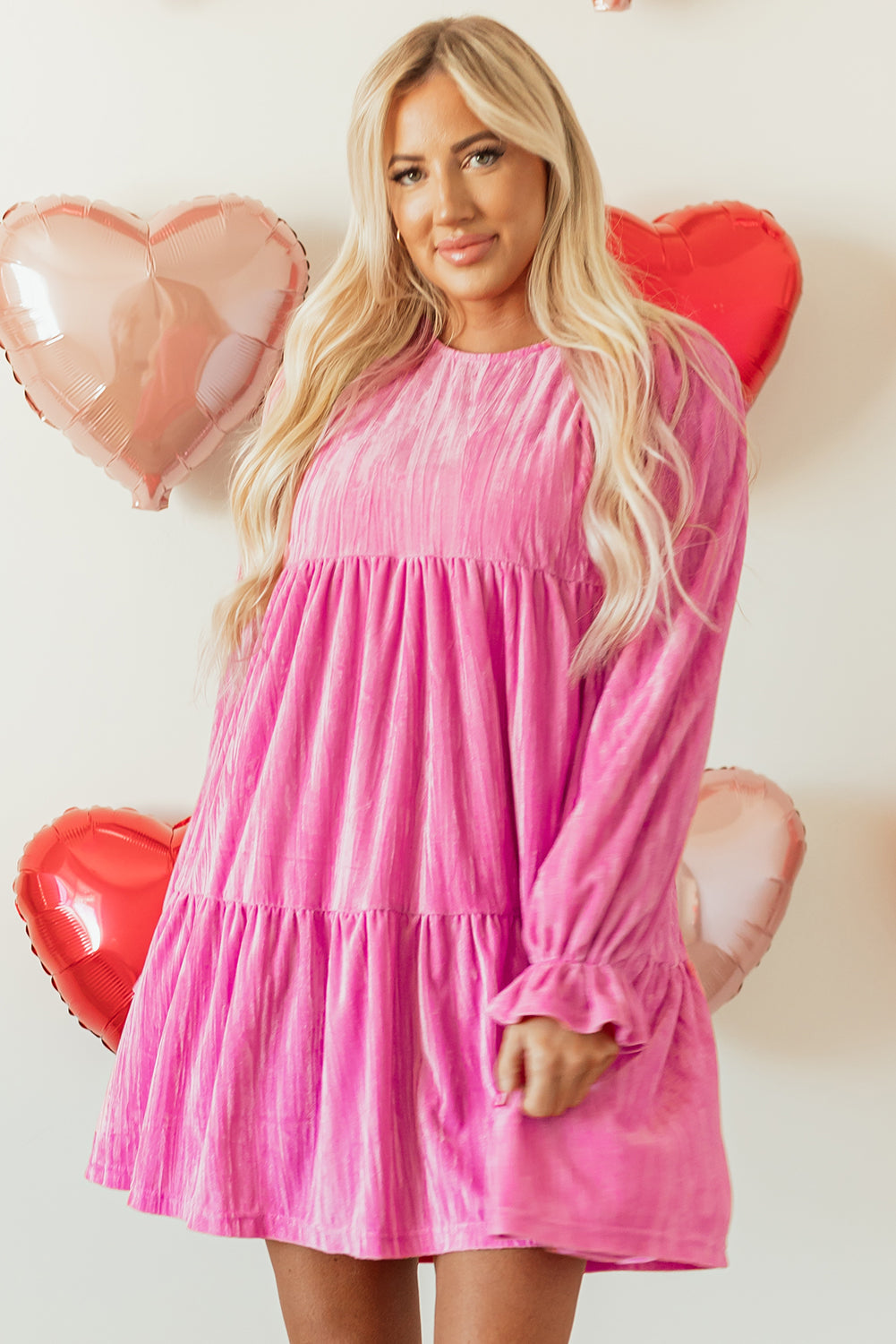 Strawberry Pink Flounce Sleeve Tiered Ruffled Velvet Mini Dress - Little Miss Vanilla