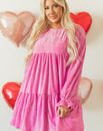 Strawberry Pink Flounce Sleeve Tiered Ruffled Velvet Mini Dress - Little Miss Vanilla