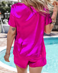 Bright Pink Satin V Neck Tee and Drawstring Shorts Set - Little Miss Vanilla